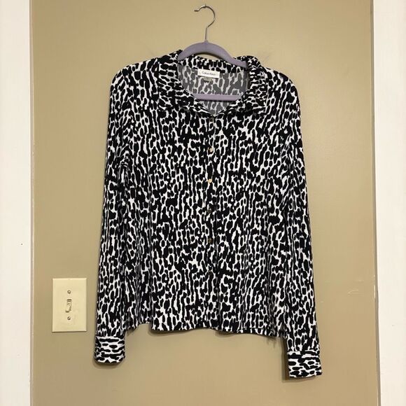 Calvin Klein Black White Animal Print Gold Button Down Blouse Petite Large - Picture 3 of 10